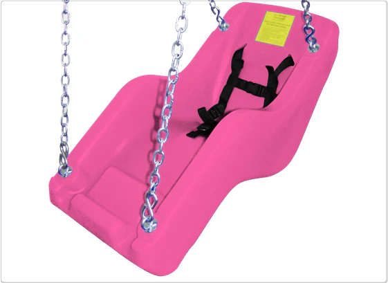 A pink adaptive swing seat with high-back support and a secure safety harness, hanging from swing chains.